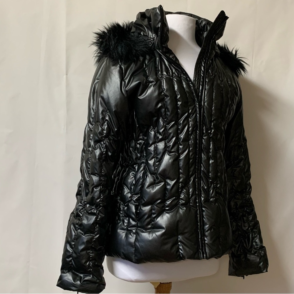 Womens Grey/Black Down Feather Puffer Ski Snow Shiny Jacket US L Faux Fur Trim
